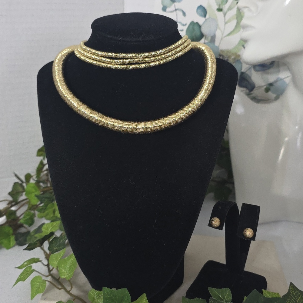 Gold Shimmer Double Choker Necklace And Earrings Set